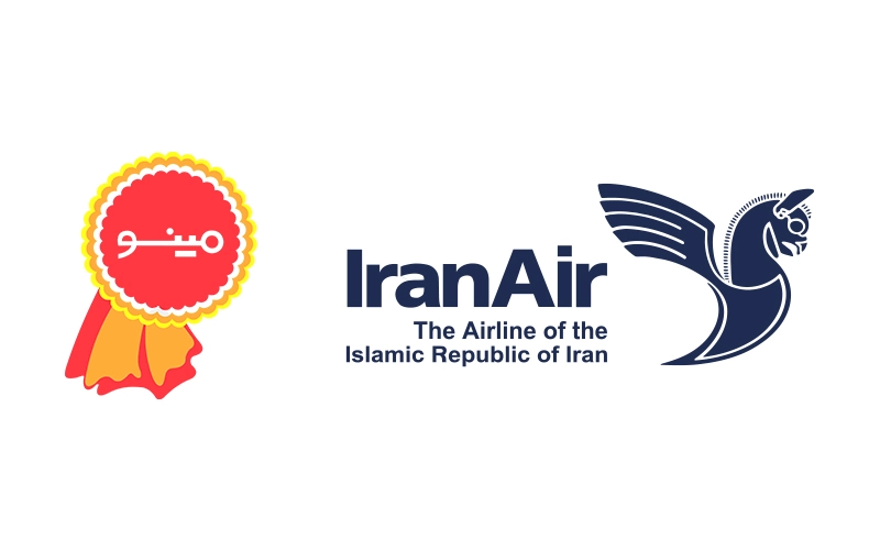 مقایسه لوگوهای موفق ایرانی هما (ایران ایر) با طرح پرنده اسطورهای و مینو با رنگهای شاد و طراحی ساده