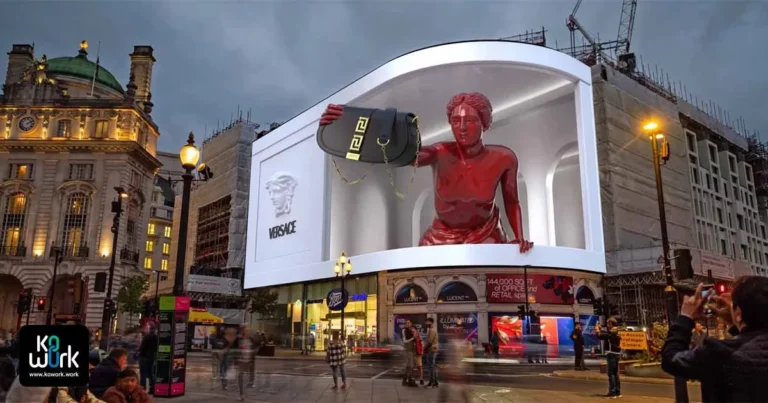 تصویری از تبلیغ محیطی نوین و هوشمند، شامل بیلبوردهای دیجیتال، نمایشگرهای تعاملی و نمونه‌هایی از واقعیت افزوده در فضای شهری.