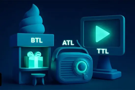 تصویر گرافیکی شامل سه مفهوم تبلیغاتی ATL، BTL و TTL با طراحی جذاب و تاکید بر تفاوت آن‌ها