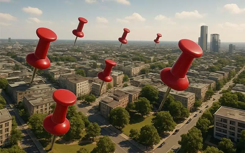 بیلبوردی که نقشه‌ای از شهر را با نشانگرهای قرمز برای معرفی موقعیت‌های مختلف در فضای شهری نمایش می‌دهد، مناسب برای تبلیغات محیطی هدفمند