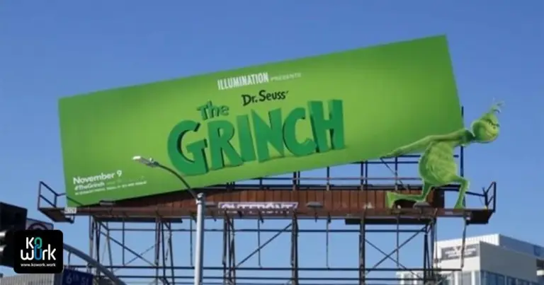 بیلبورد تبلیغاتی انیمیشن گرینچ که شخصیت گرینچ آن را به شکلی خلاقانه حمل می‌کند، نمونه‌ای از تبلیغات محیطی نوآورانه و تاثیرگذار