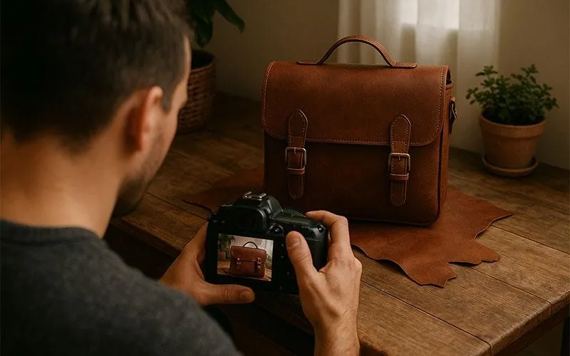 دوربین عکاسی در حال ثبت تصویر یک کیف روی پس‌زمینه ساده، فوکوس روی کیف