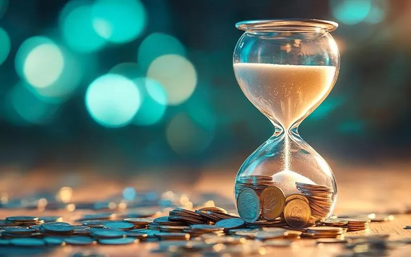 تصویر مفهومی از ساعت شنی پر از سکه؛ نماد هزینه و زمان در تولید انواع موشن‌گرافیک دوبعدی و سه‌بعدی