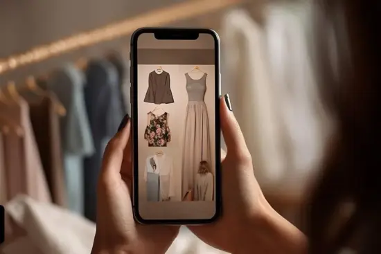 نمایی از گوشی موبایل در حال عکاسی از چند لباس آویزان برای فروش اینترنتی با پس‌زمینه ساده