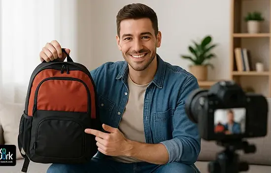 پسر با دوربین عکاسی در حال گرفتن عکس و ویدیو برای کمپین موفق اینفلوئنسر مارکتینگ از یک کوله