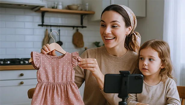 خانمی با دختر کوچکش در حال فیلم‌برداری از خود برای تبلیغات، نمونه انتخاب اینفلوئنسر مناسب با برند و تولید محتوای واقعی