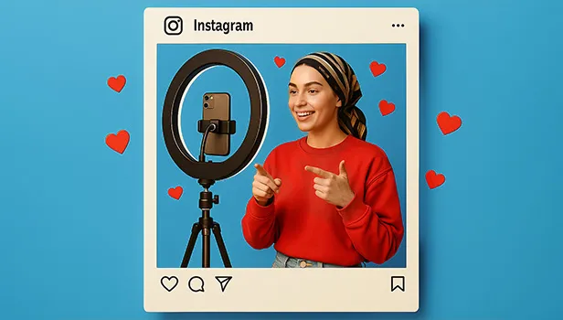 دختری با رینگ لایت و دوربین در حال ضبط ویدیو از خودش برای پست اینستاگرام به عنوان اینفلوئنسر