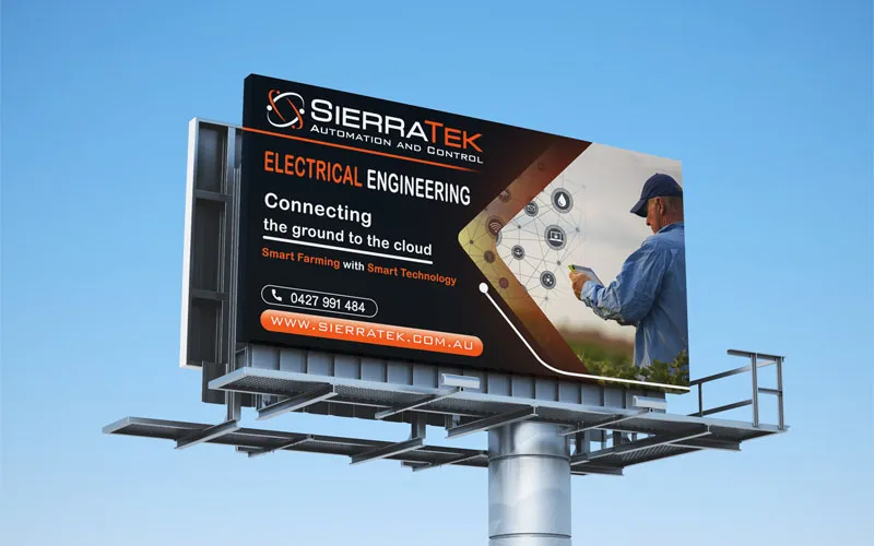  نمونه بیلبورد تبلیغاتی شرکت مهندسی الکترونیک با متن و عناصر زیاد که تمرکز سریع بیننده را دشوار می‌کند