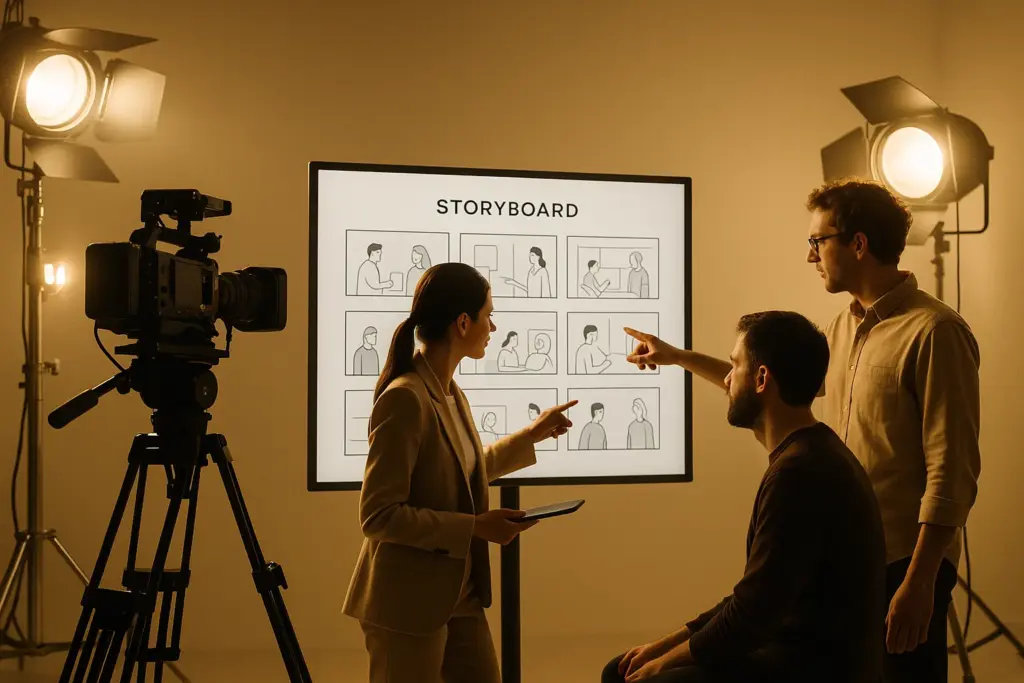 «پشت‌صحنه ساخت تیزر تبلیغاتی حرفه‌ای با تیم خلاق، دوربین و نورپردازی مدرن در فضای استودیو»