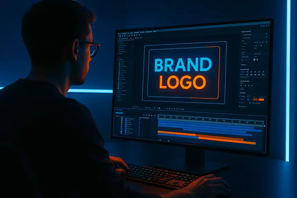 «طراح موشن‌گرافیک در حال ساخت لوگوموشن اختصاصی برند با رنگ‌های مدرن و الهام از هویت بصری»