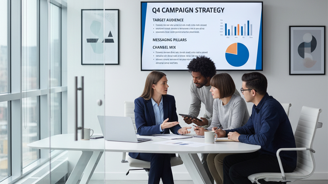 مدیر برند در حال بررسی بریف تبلیغاتی با تیم خلاق در یک جلسه کاری