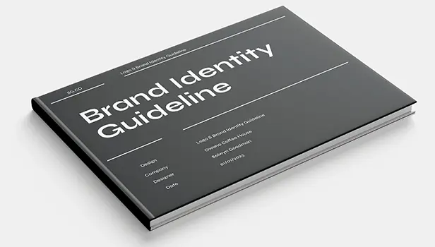 تصویر یک کاتالوگ با عنوان brand identity guideline که بر نقش استراتژی در ایجاد هویت بصری منسجم و ماندگار تأکید دارد.